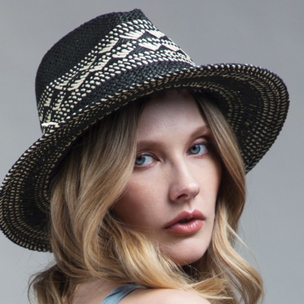 SOLD OUT Handmade Black & Natural Woven Crisscross Panama Hat - Picture 1 of 6